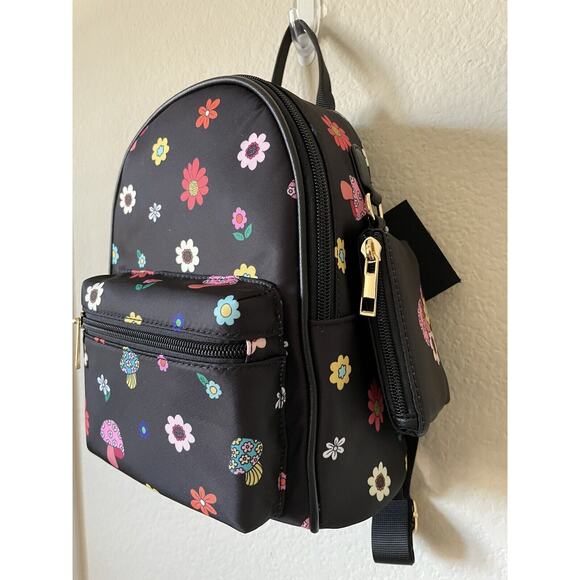Floral Mushroom Adjustable Straps Rave Festival Pocket Nylon Mini Backpack - Picture 2 of 6